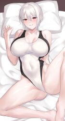 Rule 34 | 1girl, absurdres, bare legs, barefoot, black one-piece swimsuit, breasts, commentary request, competition swimsuit, covered navel, hair between eyes, head on pillow, highleg, highleg swimsuit, highres, large breasts, looking at viewer, nakiri alice, on bed, one-piece swimsuit, paid reward available, parted lips, red eyes, sateridas, shokugeki no souma, short hair, smile, solo, swimsuit, tsurime, two-tone swimsuit, white hair, white one-piece swimsuit