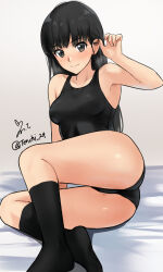 Rule 34 | 1girl, adjusting hair, amagami, armpits, ass, ayatsuji tsukasa, black hair, black one-piece swimsuit, black socks, breasts, brown eyes, commentary request, competition swimsuit, highres, kneehighs, medium breasts, on bed, one-piece swimsuit, signature, smile, socks, solo, swimsuit, thighs, twitter username, yoo tenchi