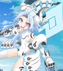 Rule 34 | 10s, 1girl, ahoge, axe, blanc (neptunia), blue hair, blush, bodysuit, breasts, fang, haiyolusisotyo, highres, long hair, looking at viewer, mecha musume, neptune (series), open mouth, power symbol, power symbol-shaped pupils, red eyes, short hair with long locks, sidelocks, sky, small breasts, smile, solo, symbol-shaped pupils, thighhighs, weapon, white heart (neptunia)