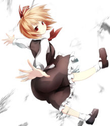 Rule 34 | 1girl, ascot, blonde hair, gorilla (bun0615), hair ribbon, highres, long sleeves, looking at viewer, looking back, mary janes, outstretched arms, red eyes, ribbon, rumia, shirt, shoes, skirt, skirt set, smile, solo, touhou, vest