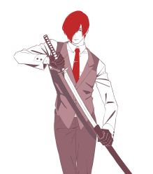 Rule 34 | 1boy, flat color, gloves, hair over one eye, juu satoshi, katana, male focus, necktie, red eyes, red hair, sheath, solo, sword, the king of fighters, tie clip, unsheathing, vest, waistcoat, weapon, yagami iori