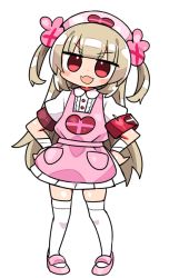 Rule 34 | &gt; &lt;, 1girl, :d, apron, armband, bandaged arm, bandages, blush stickers, collared shirt, fang, full body, hair ornament, hands on own hips, hat, heart, kanikama, light brown hair, long hair, natori sana, nurse cap, open mouth, pink apron, pink footwear, pink hat, pleated skirt, puffy short sleeves, puffy sleeves, rabbit hair ornament, red eyes, safety pin, sana channel, shirt, shoes, short sleeves, simple background, skirt, smile, solo, standing, thighhighs, two side up, v-shaped eyebrows, very long hair, virtual youtuber, white background, white shirt, white skirt, white thighhighs