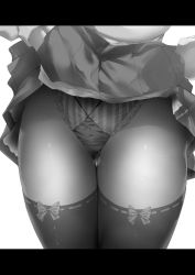 Rule 34 | 1girl, clothes lift, greyscale, highres, hip focus, letterboxed, lifted by self, long sleeves, lower body, monochrome, noto kurumi, original, panties, ribbon-trimmed legwear, ribbon trim, simple background, skirt, skirt lift, solo, striped clothes, striped panties, thighhighs, underwear, vertical-striped clothes, vertical-striped panties, white background
