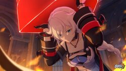 Rule 34 | 1girl, black gloves, black jacket, blue eyes, braid, buttons, chinese commentary, closed mouth, collarbone, cross, earrings, gloves, highres, holding, honkai (series), honkai impact 3rd, indoors, jacket, jewelry, kallen kaslana, kallen kaslana (sin hunter), long hair, long sleeves, medium hair, necklace, official art, official wallpaper, open clothes, solo, upper body, white hair, window