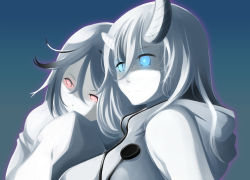 Rule 34 | 2girls, abyssal mediterranean princess, abyssal ship, blue eyes, breasts, colored skin, glowing, glowing eyes, heavy cruiser princess, horns, kantai collection, kawamura tsukasa, leaning on person, multiple girls, red eyes, white hair, white skin