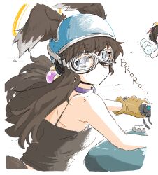 Rule 34 | 2girls, animal ears, bare shoulders, black shirt, blue archive, blue eyes, blush, brown gloves, brown hair, character request, collarbone, dog ears, dog tail, ears through headwear, floating hair, gloves, goggles, hair bobbles, hair ornament, halo, hariyaa, helmet, hibiki (blue archive), long hair, looking at viewer, looking to the side, motorcycle helmet, multiple girls, on motorcycle, shirt, shoulder blades, simple background, sleeveless, sleeveless shirt, smile, tail, white background