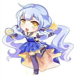 Rule 34 | 1girl, blue hair, blush, chibi, dress, eyelashes, full body, halterneck, long hair, rotbohne, solo, space print, starry sky print, twintails, vocaloid, wand, xingchen, yellow eyes