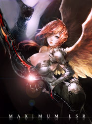 Rule 34 | 1girl, absurdres, arched back, armor, artist name, bare shoulders, blue eyes, breasts, cleavage, collarbone, cowboy shot, dragon, dress, feathered wings, gauntlets, glint, hair over one eye, highres, holding, holding sword, holding weapon, large breasts, lips, long hair, looking at viewer, lsr, nose, orange hair, original, parted lips, pauldrons, pink lips, shoulder armor, single pauldron, solo, sparkle, spread wings, strapless, strapless dress, sword, teeth, weapon, wings