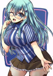 Rule 34 | 10s, 1girl, ;d, aqua eyes, aqua hair, bespectacled, blue-framed eyewear, blue eyes, blush, breasts, brown thighhighs, employee uniform, glasses, hair ornament, hairclip, hand in own hair, head tilt, kantai collection, large breasts, lawson, long hair, looking at viewer, name tag, one eye closed, open mouth, shinshin, shirt, short sleeves, simple background, smile, solo, standing, striped clothes, striped shirt, suzuya (kancolle), text focus, thighhighs, uniform, vertical-striped clothes, vertical-striped shirt, very long hair, white background, zettai ryouiki
