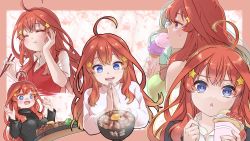 Rule 34 | 1girl, ahoge, black sweater, blouse, blue eyes, blush, bowl, chiy (mochi punin), chopsticks, collared shirt, commentary request, crepe, eating, egg, food, fruit, go-toubun no hanayome, hair between eyes, hair ornament, highres, holding, holding chopsticks, holding food, holding spoon, ice cream, licking, long hair, long sleeves, multiple views, nakano itsuki, red hair, red sweater vest, red vest, school uniform, shirt, short sleeves, sparkling eyes, spoon, star (symbol), star hair ornament, steam, strawberry, sweatdrop, sweater, sweater vest, tongue, translation request, upper body, vest, white shirt