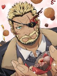 Rule 34 | 1boy, balor (housamo), bara, beard, black hair, blonde hair, chocolate, collared shirt, commentary request, eyepatch, facial hair, flaming eye, green eyes, grey sweater, heart, highres, looking at viewer, male focus, mature male, multicolored hair, muscular, muscular male, nizitaro, outstretched hand, pink background, scar, scar across eye, scar on face, scar on hand, shirt, short hair, solo, sweater, tokyo houkago summoners, two-tone hair, upper body, valentine, white shirt
