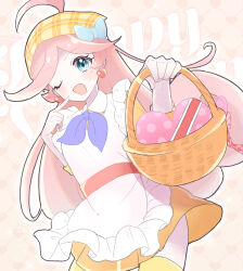 Rule 34 | 1girl, absurdres, ahoge, apron, basket, blue bow, blue eyes, blush, bow, earrings, english text, eyelashes, hair bow, heart, heart earrings, highres, holding, holding basket, jewelry, kashima miyako, long hair, looking at viewer, neckerchief, open mouth, orange headwear, orange thighhighs, pointing, pointing at self, purple neckerchief, puyopuyo, puyopuyo fever, raffina (puyopuyo), solo, thighhighs, very long hair, white apron
