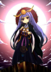 Rule 34 | &gt;:(, 1girl, absurdres, androgynous, beads, blunt bangs, bow, cloud, coat, frown, full moon, haori, headpiece, highres, japanese clothes, katana, kimono, long hair, long sleeves, moon, oil-paper umbrella, outdoors, pikomarie, purple bow, purple hair, puzzle &amp; dragons, red eyes, ribbon, sky, solo, star (symbol), sword, twintails, umbrella, v-shaped eyebrows, weapon, yellow ribbon, yomi (p&amp;d)