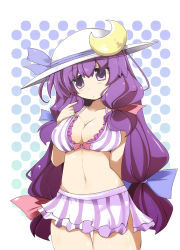 Rule 34 | 1girl, adapted costume, alternate costume, bikini, bikini skirt, bow, breasts, cleavage, crescent, female focus, groin, hair bow, twirling hair, hat, highres, large breasts, long hair, navel, patchouli knowledge, purple hair, shirogane (platinum), simple background, solo, striped bikini, striped clothes, swimsuit, thigh gap, touhou, very long hair