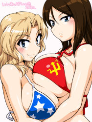 Rule 34 | 2girls, american flag bikini, asymmetrical docking, bikini, black hair, blonde hair, blue eyes, breast press, breasts, closed mouth, commentary, emblem, flag print, from side, frown, girls und panzer, hair intakes, kay (girls und panzer), large breasts, long hair, looking at viewer, multiple girls, nonna (girls und panzer), oosaka kanagawa, pravda (emblem), print bikini, red bikini, simple background, skindentation, smile, swept bangs, swimsuit, translated, upper body, white background
