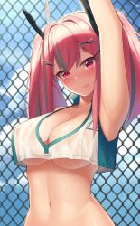 Rule 34 | 1girl, absurdres, armpits, arms up, azur lane, blush, breasts, bremerton (azur lane), bremerton (scorching-hot training) (azur lane), chain-link fence, cleavage, commentary, crop top, crop top overhang, day, fence, grey hair, hair between eyes, hair ornament, hairclip, head tilt, highres, large breasts, long hair, milk box (leoleo963852741), mole, mole under eye, multicolored hair, navel, no bra, nose blush, outdoors, pink hair, see-through, shiny skin, shirt, sleeveless, sleeveless shirt, sportswear, streaked hair, tennis uniform, tongue, tongue out, twintails, two-tone shirt, underboob, upper body, x hair ornament