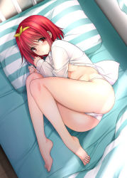 Rule 34 | 1girl, aquaplus, arms up, ass, bare legs, barefoot, bed, bed sheet, blanket, blush, breasts, cleavage, feet, fetal position, from above, from side, full body, gradient eyes, gradient hair, hair between eyes, hair ribbon, hairband, indoors, kamigishi akari, long sleeves, looking at viewer, lying, midriff, mitarashi kousei, multicolored eyes, multicolored hair, no bra, on side, open clothes, open pajamas, open shirt, pajamas, panties, pillow, raised eyebrows, red eyes, ribbon, shirt, short hair, sidelocks, small breasts, solo, striped clothes, striped panties, sunlight, thick thighs, thighs, to heart, to heart (series), to heart 2, underwear, white panties, white shirt