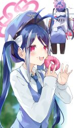 Rule 34 | 1girl, absurdres, antenna hair, blue archive, blue hair, blue headwear, blue skirt, blue vest, blush, chankuro, doughnut, food, fubuki (blue archive), grey hair, halo, hat, highres, holding, holding food, jacket, long hair, multicolored hair, multiple views, open clothes, open jacket, open mouth, pink halo, red eyes, skirt, smile, streaked hair, twintails, vest, white jacket