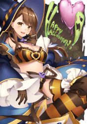 Rule 34 | &gt;:d, 10s, 1girl, :d, bad id, bad pixiv id, beatrix (granblue fantasy), breasts, brown eyes, brown gloves, brown hair, cleavage, detached sleeves, from behind, gloves, granblue fantasy, halloween, happy halloween, hat, large breasts, looking at viewer, midriff, open mouth, ponytail, shiyun, sidelocks, smile, smirk, solo, striped clothes, striped thighhighs, swept bangs, thighhighs, tongue, v-shaped eyebrows, wide sleeves, witch hat