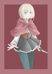 Rule 34 | 1girl, :/, black pantyhose, black skirt, blonde hair, blue eyes, bob cut, border, capelet, character request, copyright request, corset, featherwings24, holding, holding knife, knife, long sleeves, looking at viewer, outside border, pantyhose, parted lips, pleated skirt, red background, shirt, simple background, skirt, solo, thigh gap, white shirt