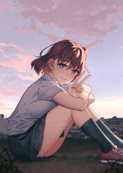 Rule 34 | 1girl, blue eyes, blush, brown hair, cloud, commentary request, grass, highres, looking at viewer, oono kanae, original, outdoors, shirt, shoes, short hair, short sleeves, sitting, skirt, sky, sneakers, socks, solo, twilight, v, wind