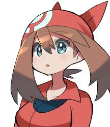 Rule 34 | 1girl, bandana, blue eyes, blush, breasts, brown hair, collarbone, collared shirt, commentary request, creatures (company), eyelashes, game freak, hair between eyes, highres, hyou (hyouga617), may (pokemon), nintendo, parted lips, pokemon, pokemon rse, red bandana, red shirt, shirt, simple background, solo, upper body, white background