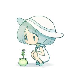 Rule 34 | 1girl, ayu (mog), blue eyes, blue sailor collar, blush, closed mouth, commentary, dress, flower, frog, grey hair, hat, original, sailor collar, sailor dress, signature, simple background, solo, squatting, sun hat, symbol-only commentary, white background, white hat