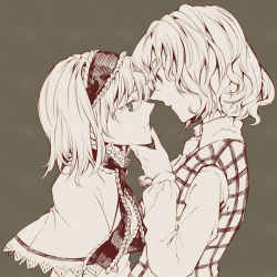 Rule 34 | 2girls, alice margatroid, aqua eyes, brown background, capelet, expressionless, eye contact, female focus, frills, grabbing another&#039;s chin, hand on another&#039;s chin, kazami yuuka, long sleeves, looking at another, monochrome, multiple girls, nakatani, necktie, pink theme, plaid, plaid vest, profile, short hair, simple background, spot color, touhou, vest, wavy hair, yuri
