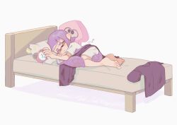 Rule 34 | 1girl, absurdres, alarm clock, bed, blanket, blunt bangs, blush, clock, closed eyes, closed mouth, commentary request, full body, highres, holding, inkling, inkling girl, inkling player character, long hair, lying, nintendo, on bed, on side, pillow, pointy ears, purple hair, purple shirt, raised eyebrows, sahata saba, shirt, short eyebrows, short sleeves, sidelocks, signature, simple background, sleeping, solo, splatoon (series), squid, t-shirt, tentacle hair, thick eyebrows, unworn shirt, white background, white shirt