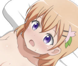 Rule 34 | 1girl, bed, blush, breasts, brown hair, collarbone, flower, gochuumon wa usagi desu ka?, hair flower, hair ornament, hairclip, highres, hoto cocoa, large breasts, lying, nude, open mouth, out-of-frame censoring, pillow, poa mellhen, purple eyes, short hair, sweat, upper body