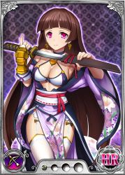 Rule 34 | 1girl, bare shoulders, breasts, brown hair, card (medium), choker, cleavage, dmm, earrings, female focus, garter belt, garter straps, japanese clothes, jewelry, knife, large breasts, legs, long hair, looking at viewer, nobunaga wa ore no yome. hime bushou 1000-ningiri, official art, pink eyes, simple background, smile, solo, standing, thighhighs, thighs, trading card
