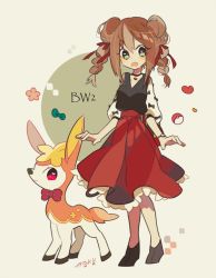 Rule 34 | 1girl, alternate costume, alternate hairstyle, animal ears, auko, bag, black footwear, black shirt, blush, bow, braid, breasts, brown hair, choker, collarbone, creatures (company), deer, deer ears, deer tail, deerling, double bun, female focus, flower, frilled skirt, frills, full body, game freak, gen 5 pokemon, green background, green bow, green eyes, hair bun, hair ornament, hair ribbon, heart, heart-shaped pupils, looking at viewer, looking to the side, nintendo, open mouth, pink eyes, pink flower, pleated skirt, poke ball, pokemon, pokemon (creature), pokemon bw2, purple bow, red bag, red ribbon, red skirt, ribbon, rosa (pokemon), shirt, shoes, simple background, skirt, small breasts, smile, standing, symbol-shaped pupils, tail, thighhighs, twin braids, two-tone background, watch, white thighhighs, wristwatch