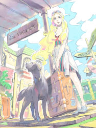 Rule 34 | 1girl, bad id, bad pixiv id, blonde hair, blue eyes, cloud, day, dog, earrings, fence, from below, highres, jewelry, leaf, lips, long hair, original, plant, pomodorosa, potted plant, sign, solo, suitcase, sunglasses