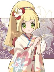 Rule 34 | 1girl, blonde hair, blush, braid, commentary request, creatures (company), eyelashes, floral print, flower, fu (tk1189227dhy), game freak, green eyes, hair flower, hair ornament, hands up, japanese clothes, kimono, lillie (new year&#039;s 2021) (pokemon), lillie (pokemon), looking at viewer, nintendo, official alternate costume, own hands together, parted lips, pokemon, pokemon masters ex, ponytail, sash, smile, solo, upper body, white flower, wide sleeves, yellow kimono