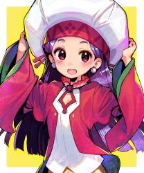 Rule 34 | chaos seed: fuusui kairouki, character request, earrings, jewelry, large hat, light blush, long sleeves, looking at viewer, onono imoko, open mouth, purple hair, smile, white headwear, wide sleeves, yellow background