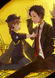 Rule 34 | 1boy, 1girl, adachi tooru, arms up, atlus, between legs, black pantyhose, blunt bangs, blush, brown eyes, brown hair, commentary, doujima nanako, female service cap, finger gun, formal, hair ribbon, hat, highres, kneeling, looking at another, megami tensei, messy hair, necktie, open mouth, pantyhose, persona, persona 4, police, police hat, police uniform, policewoman, profile, ribbon, shin megami tensei, short hair, short twintails, sideways mouth, sitting, skirt, sleeves rolled up, smile, spark (sandro), suit, twintails, uniform, yellow background