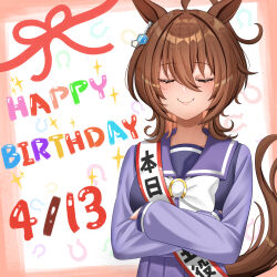 Rule 34 | 1girl, agnes tachyon (umamusume), ahoge, animal ears, bow, brown hair, closed eyes, closed mouth, commentary request, crossed arms, dated, earrings, english text, happy birthday, highres, horse ears, horse girl, horse tail, jewelry, motsushi, pleated skirt, purple shirt, purple skirt, shirt, short hair, single earring, skirt, smile, solo, tail, umamusume, upper body, white bow, winter uniform