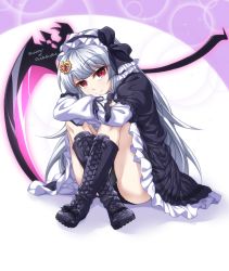 Rule 34 | 1girl, black dress, black footwear, black panties, boots, bow, bow hairband, closed mouth, cross-laced footwear, crossed legs, dress, english text, footwear bow, frilled dress, frilled hairband, frills, gothic lolita, hair ornament, hairband, highres, knee boots, kyuutou (kyuutouryuu), lace-up boots, lolita fashion, looking at viewer, original, panties, red eyes, scythe, silver hair, sitting, smile, solo, underwear, white sleeves
