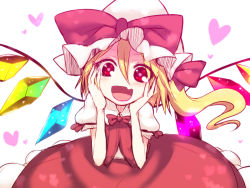 Rule 34 | 1girl, blonde hair, check commentary, commentary request, fang, flandre scarlet, hands on own cheeks, hands on own face, hat, hat ribbon, heart, kuresento, long hair, mob cap, open mouth, puffy short sleeves, puffy sleeves, red eyes, ribbon, shirt, short sleeves, side ponytail, skirt, skirt set, smile, solo, touhou, vest, wings