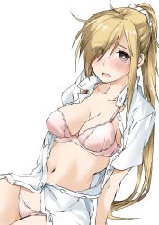 Rule 34 | 1girl, arm up, blonde hair, blush, bra, breasts, bright pupils, brown eyes, cleavage, commentary, dress shirt, elf (stroll in the woods), hair ornament, hair over one eye, hair scrunchie, highres, koutani fuyune, leaning back, light frown, long hair, looking at viewer, medium breasts, messy hair, navel, no pants, open mouth, panties, partially unbuttoned, pink bra, pink panties, ponytail, scarf, scrunchie, shirt, short sleeves, simple background, sitting, solo, textless version, underwear, white background, white pupils, white scarf, white shirt, zatsu tabi