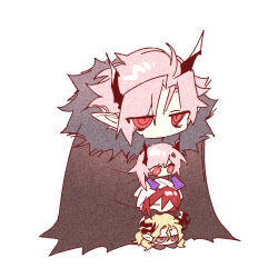 Rule 34 | 2boys, 2girls, arknights, ascalon (arknights), asymmetrical horns, black cape, black horns, blonde hair, cape, chibi, chinese commentary, commentary request, fur-trimmed cape, fur trim, grey eyes, highres, hood, hood up, horns, jitome, ling s, long hair, manfred (arknights), multiple boys, multiple girls, pink hair, pointy ears, purple horns, red eyes, red hair, red pupils, short hair, simple background, theresa (arknights), theresis (arknights), white background