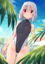 Rule 34 | 1girl, :&lt;, adyisu, altair floone, bare arms, bare shoulders, black one-piece swimsuit, blue sky, blurry, blurry foreground, blush, breasts, closed mouth, cloud, cloudy sky, commentary request, competition swimsuit, covered navel, day, depth of field, grey hair, groin, hair between eyes, highleg, highleg swimsuit, looking at viewer, medium breasts, one-piece swimsuit, original, outdoors, red eyes, sidelocks, sky, solo, standing, swimsuit, twitter username