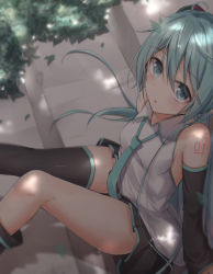 Rule 34 | 1girl, akira (been0328), aqua eyes, aqua hair, aqua necktie, bad id, bad pixiv id, bare shoulders, blush, commentary, dappled sunlight, detached sleeves, dress, from above, hair ornament, hatsune miku, leaf, long hair, looking at viewer, looking up, necktie, open mouth, shoulder tattoo, sitting, sitting on stairs, skirt, sleeveless, sleeveless dress, solo, stairs, sunlight, tattoo, thighhighs, tree, twintails, very long hair, vocaloid
