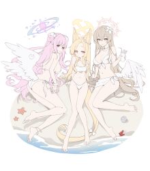 Rule 34 | 3girls, alternate costume, angel wings, animal ears, anklet, arm support, ass, barefoot, beach, bikini, blonde hair, blue archive, blush, bow, braid, breasts, cleavage, closed mouth, commentary, coral, crossed bangs, crown braid, cup, drinking straw, english text, feathered wings, feet, flower, forehead, fox ears, fox girl, front-tie bikini top, front-tie top, glass, gradient eyes, hair between eyes, hair bun, hair flower, hair ornament, hair scrunchie, halo, highres, holding, holding cup, jewelry, large breasts, legs, long hair, looking at viewer, mika (blue archive), multicolored eyes, multiple girls, nagisa (blue archive), navel, ocean, open mouth, orange eyes, outdoors, parted bangs, picter, pink hair, sand, sarashi, scrunchie, seia (blue archive), side-tie bikini bottom, sideboob, single side bun, sitting, small breasts, smile, soles, starfish, stomach, swimsuit, symbol-only commentary, tail, tail bow, tail ornament, tea party (blue archive), thighs, toes, tropical drink, twitter, very long hair, water, white bikini, white bow, white wings, wing ornament, wings, yellow eyes