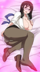 Rule 34 | ass, bed, blush, breasts, cleavage, glasses, highres, lying, mature female, panties, smile, underwear, usatarou