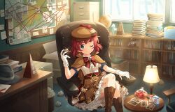 Rule 34 | 1girl, anzai miyako, artist request, bag, bandaid, bandaid on knee, bandaid on leg, blue eyes, book, book stack, bookshelf, boots, bow, box, brooch, brown capelet, brown footwear, capelet, cardboard box, chair, crossed legs, crumpled paper, day, deerstalker, desk, detective, file, flat chest, frilled shirt, frilled skirt, frills, gloves, hat, holding, holding smoking pipe, idolmaster, idolmaster cinderella girls, idolmaster cinderella girls starlight stage, indoors, jewelry, lamp, looking at viewer, magnifying glass, messy room, office, office chair, official alternate costume, official art, one eye closed, paper, pen, photo (object), plaid headwear, red bow, red hair, shirt, short hair, short sleeves, sidelocks, skirt, smile, smoking pipe, solo, sparkle, sticky note, sunlight, swivel chair, thick eyebrows, too many, too many books, trash, trash can, unworn hat, unworn headwear, white gloves, white shirt