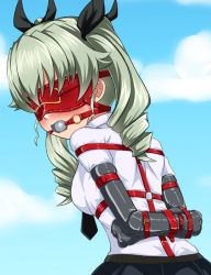 Rule 34 | 10s, 1girl, anchovy (girls und panzer), arms behind back, ball gag, bdsm, blindfold, blush, bondage, bondage mittens, bound, bound arms, cyber (cyber knight), drill hair, gag, gagged, girls und panzer, green hair, harness, long hair, necktie, solo, twin drills, twintails