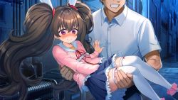 Rule 34 | 2boys, action taimanin, alley, androgynous, blue eyes, blush, brown hair, carrying, clenched hands, embarrassed, frilled skirt, frills, fuuma kotarou (taimanin series), game cg, highres, lilith-soft, long hair, looking to the side, mary janes, miniskirt, multiple boys, night, obui, pink eyes, pleated skirt, road, sailor collar, shiny skin, shoes, short hair, skirt, street, sweat, taimanin (series), taimanin asagi, taimanin rpgx, thighhighs, trap, twintails, uehara shikanosuke, very long hair, white thighhighs, wide hips