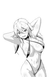 Rule 34 | 1girl, armpits, arms behind head, bikini, breasts, cameltoe, cleavage, highres, kasabuta9500, large breasts, legs, looking at viewer, monochrome, navel, open mouth, original, smile, solo, swimsuit, thighs, twintails