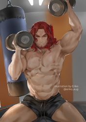 Rule 34 | 1boy, abs, absurdres, bara, black shorts, closed mouth, commentary, dumbbell, erikochama, exercising, genshin impact, gym, gym shorts, highres, holding, large pectorals, long hair, male focus, mature male, muscular, muscular male, navel, nipples, pectorals, red eyes, shorts, sitting, solo, sweat, sweatdrop, topless male, weightlifting